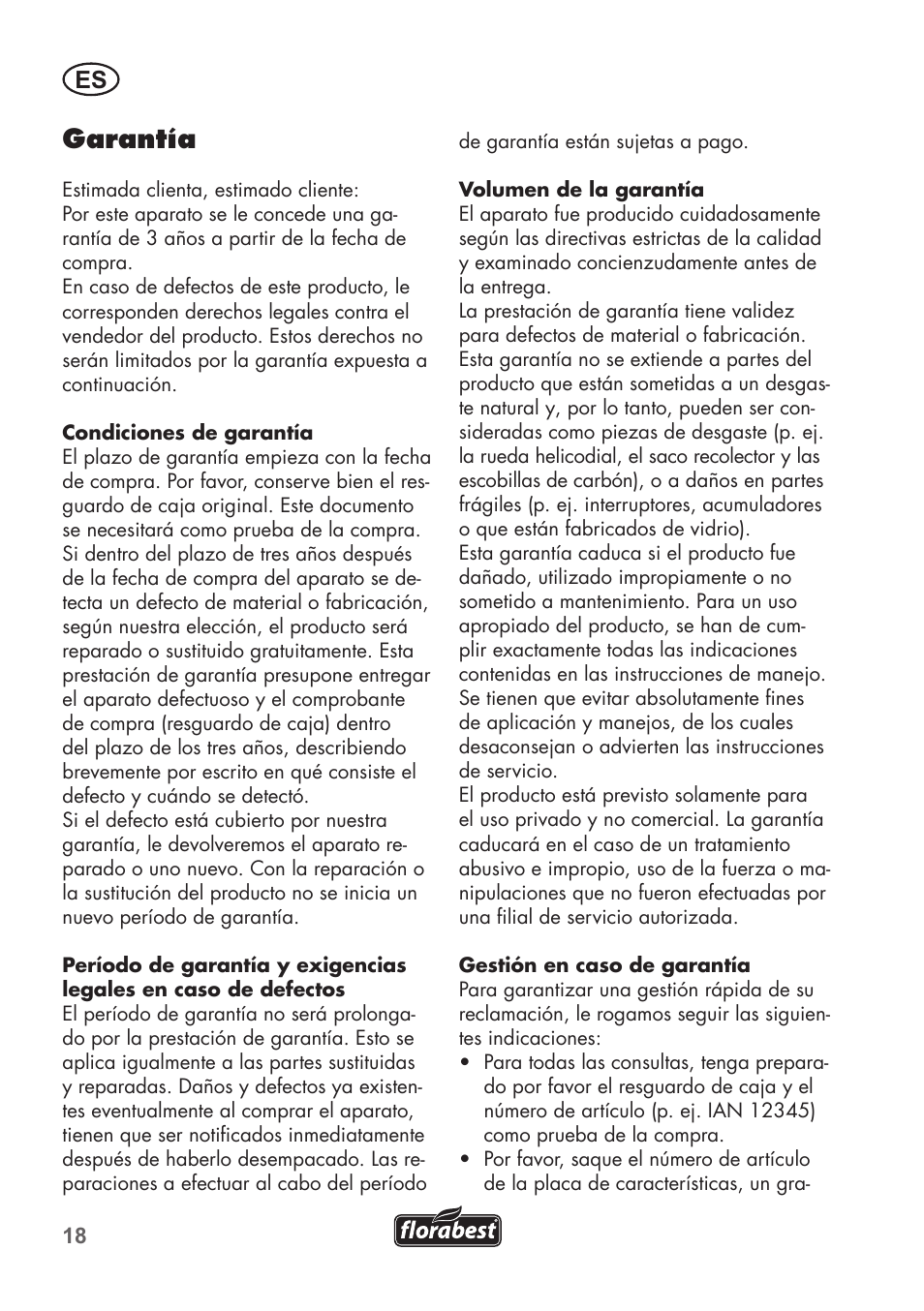 Garantía | Florabest FLB 2500 A2 User Manual | Page 18 / 70
