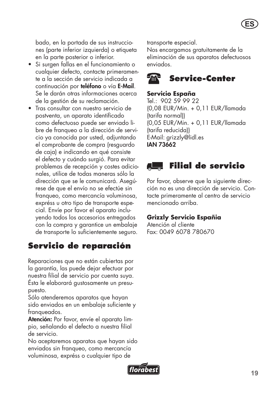 Servicio de reparación, Service-center, Filial de servicio | Florabest FLB 2500 A2 User Manual | Page 19 / 70