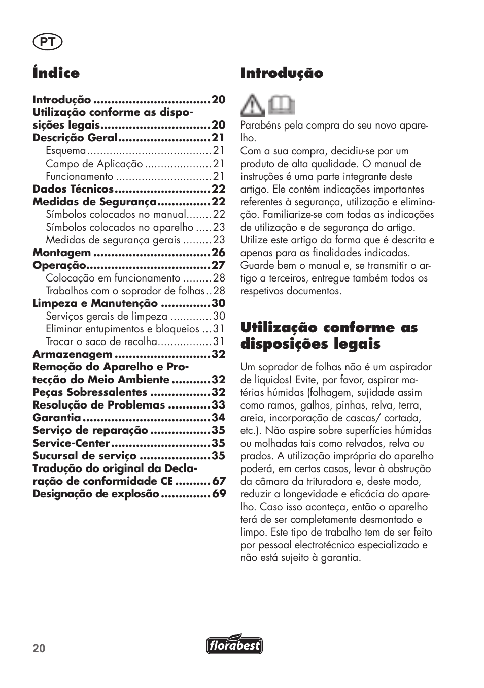 Índice, Introdução, Utilização conforme as disposições legais | Florabest FLB 2500 A2 User Manual | Page 20 / 70