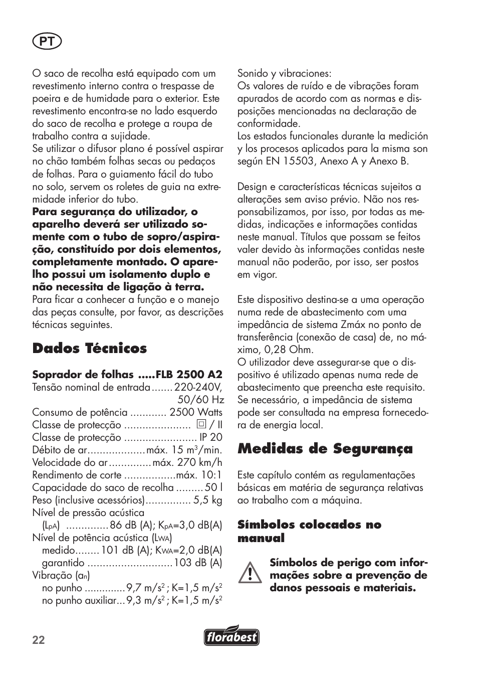 Dados técnicos, Medidas de segurança | Florabest FLB 2500 A2 User Manual | Page 22 / 70