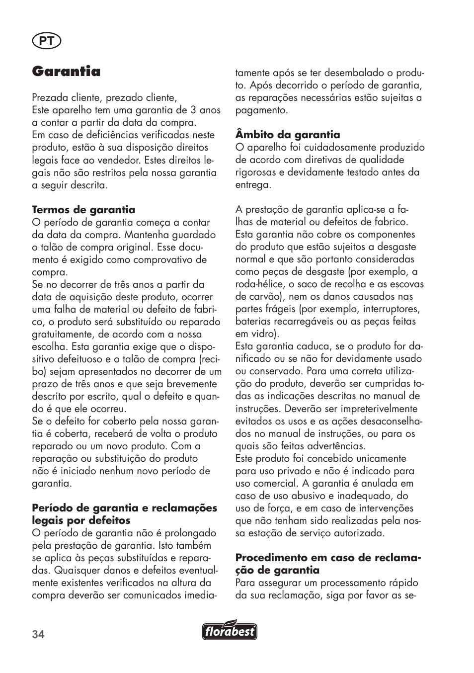 Garantia | Florabest FLB 2500 A2 User Manual | Page 34 / 70