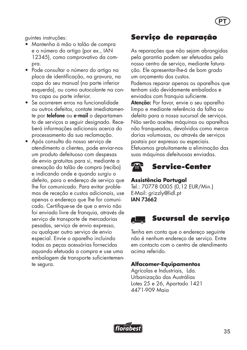 Serviço de reparação, Service-center, Sucursal de serviço | Florabest FLB 2500 A2 User Manual | Page 35 / 70