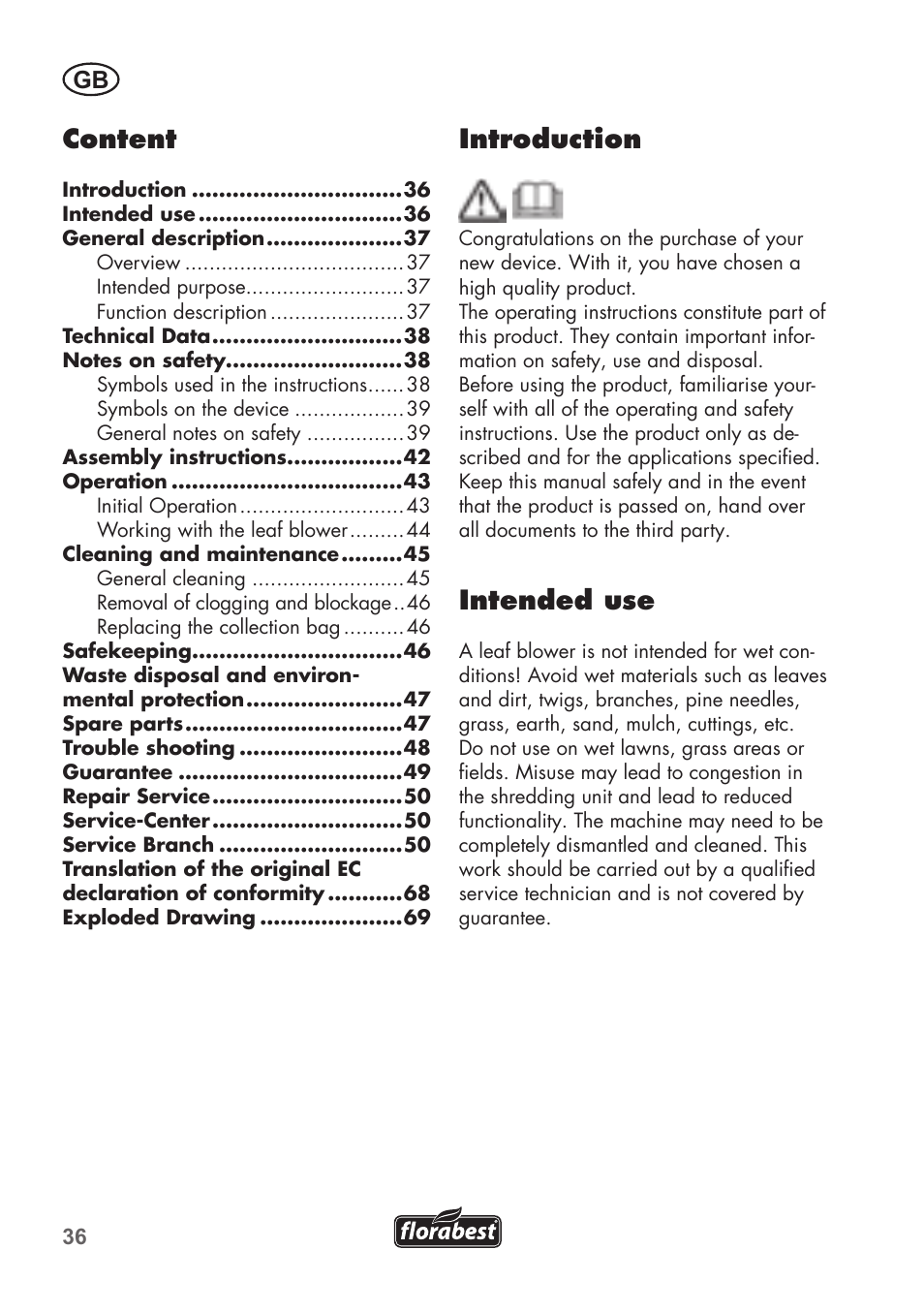 Introduction, Intended use, Content | Florabest FLB 2500 A2 User Manual | Page 36 / 70