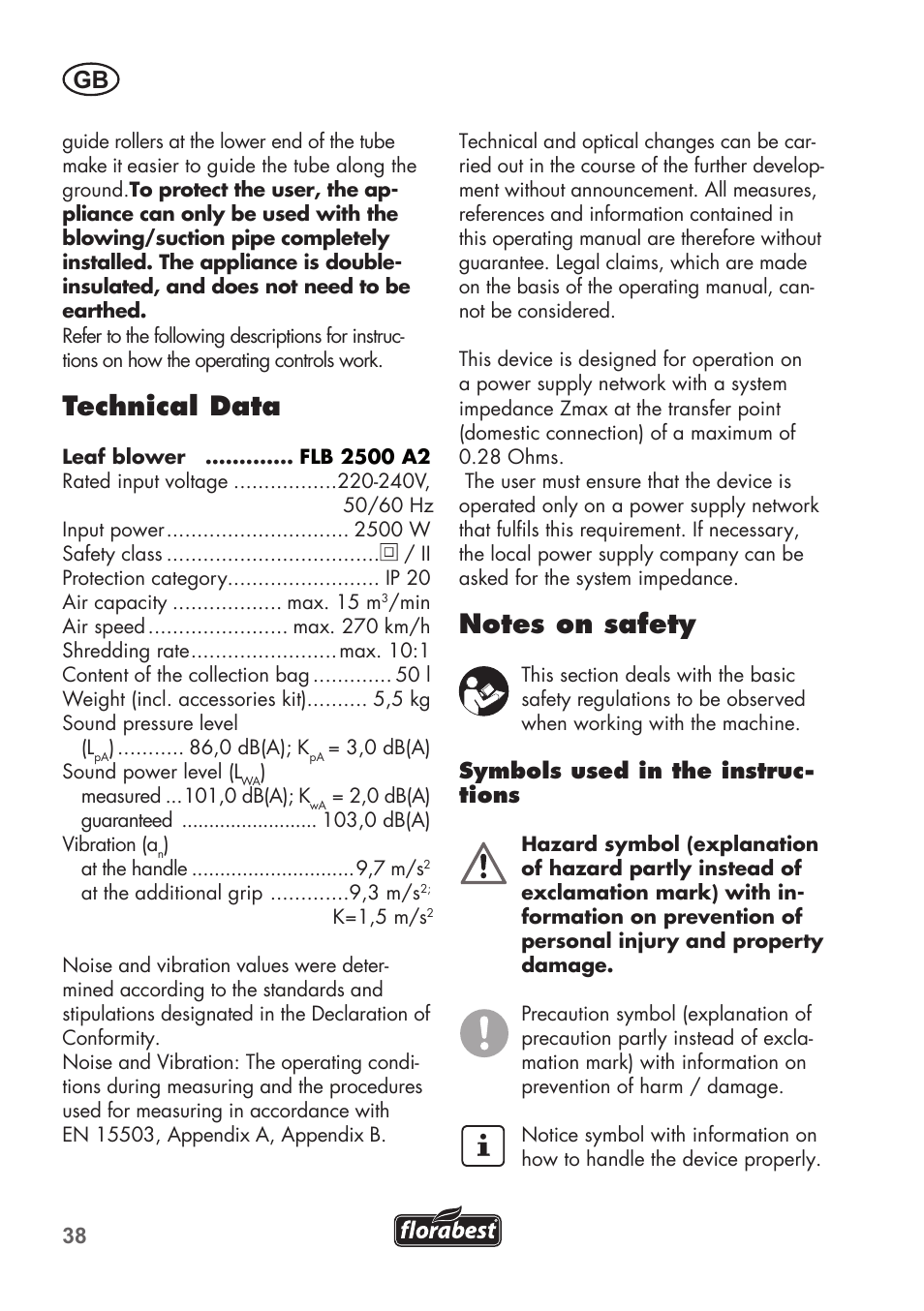 Technical data | Florabest FLB 2500 A2 User Manual | Page 38 / 70