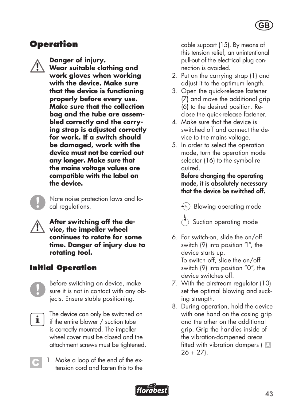 Operation | Florabest FLB 2500 A2 User Manual | Page 43 / 70