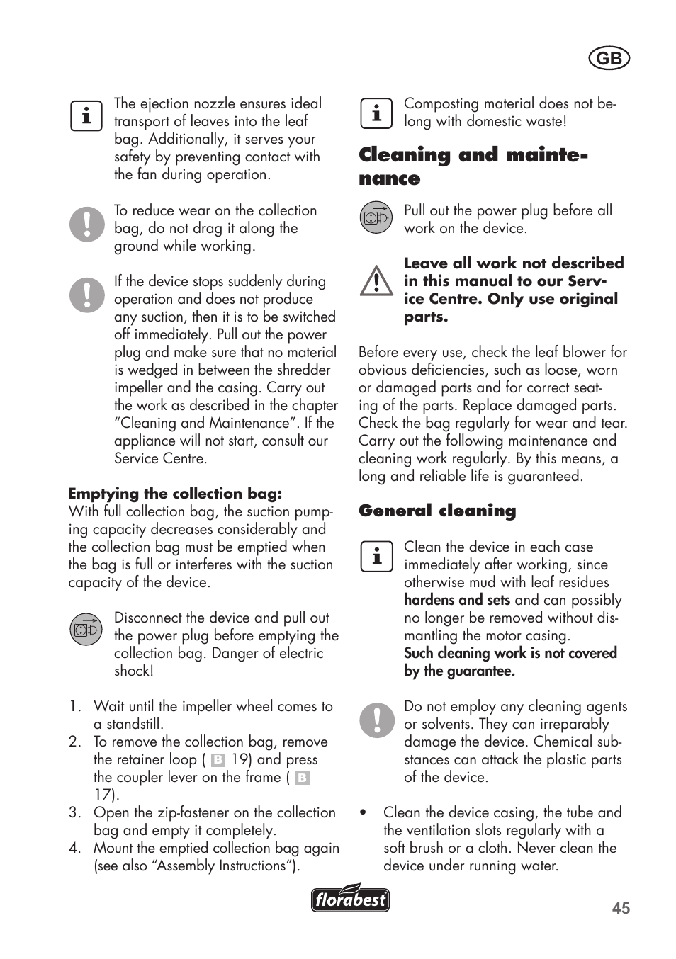 Cleaning and mainte- nance | Florabest FLB 2500 A2 User Manual | Page 45 / 70