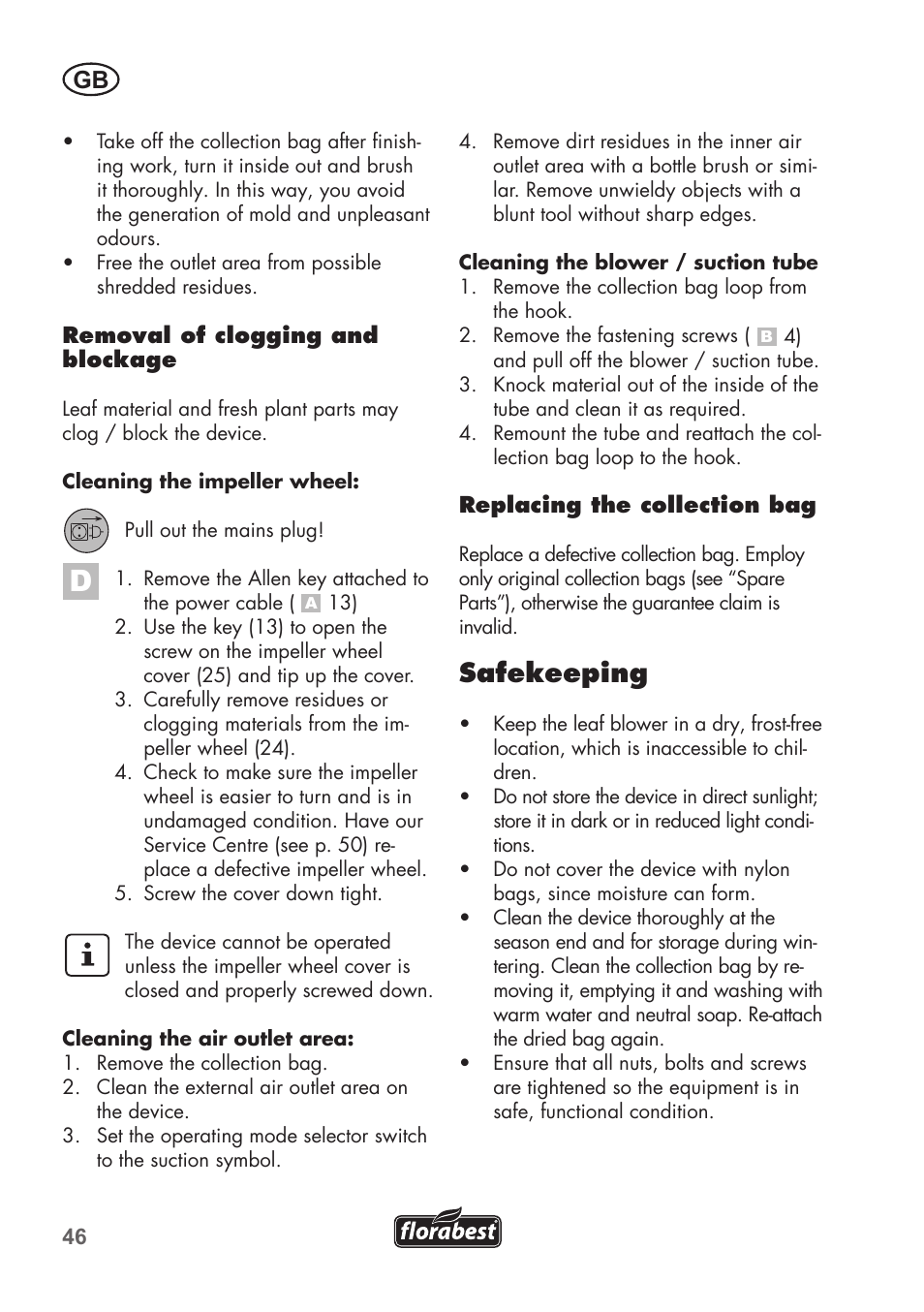 Safekeeping | Florabest FLB 2500 A2 User Manual | Page 46 / 70