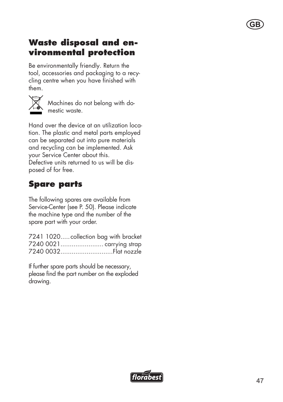Waste disposal and en- vironmental protection, Spare parts | Florabest FLB 2500 A2 User Manual | Page 47 / 70
