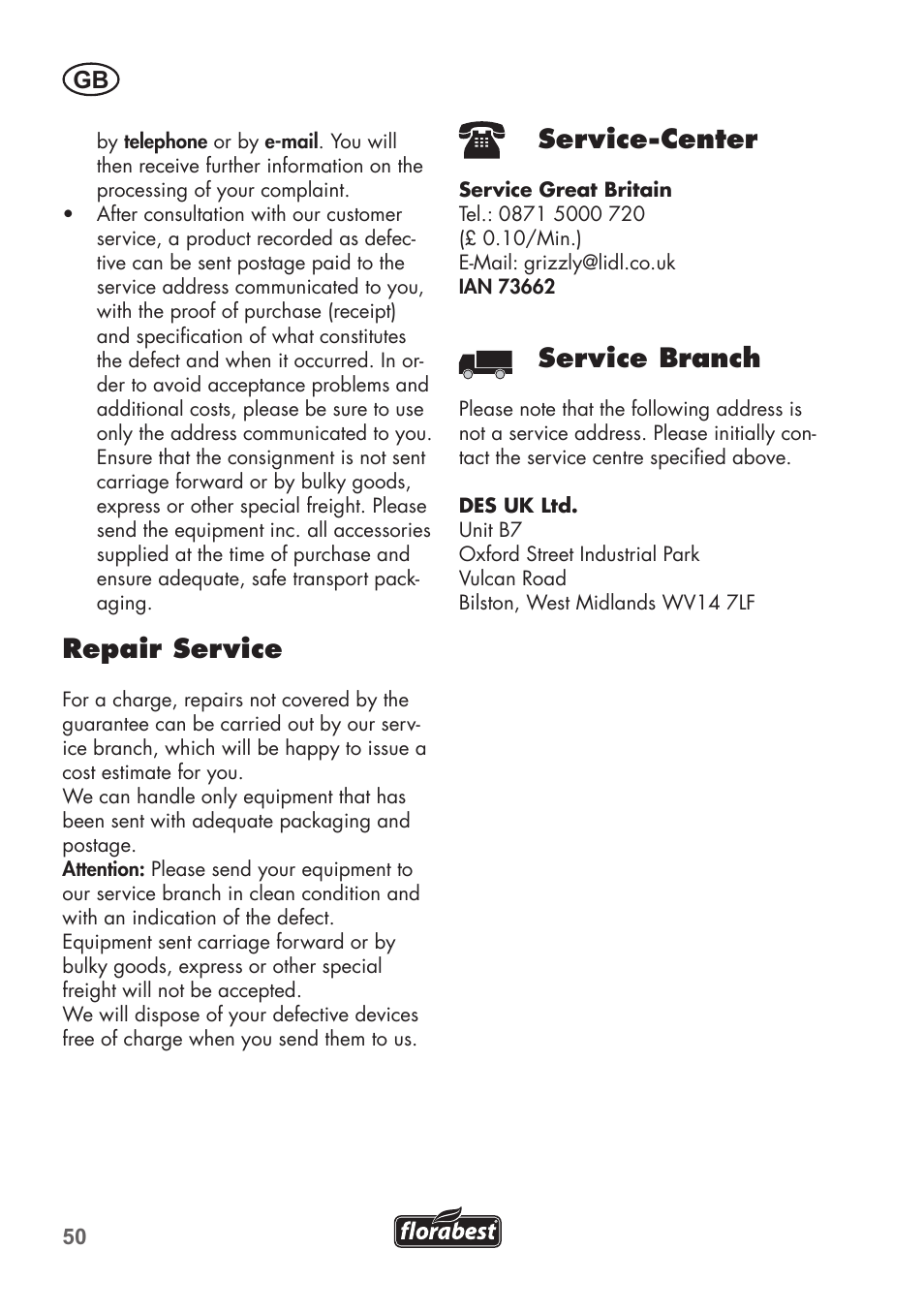 Repair service, Service-center, Service branch | Florabest FLB 2500 A2 User Manual | Page 50 / 70