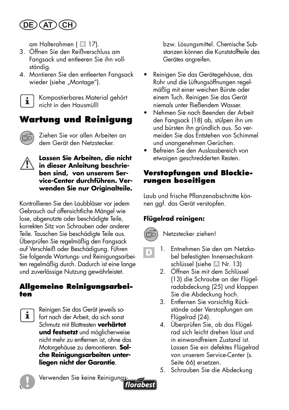 Wartung und reinigung, De at ch | Florabest FLB 2500 A2 User Manual | Page 62 / 70