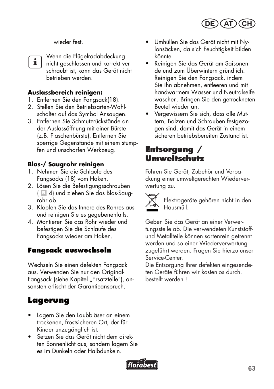 Lagerung, Entsorgung / umweltschutz, De at ch | Florabest FLB 2500 A2 User Manual | Page 63 / 70