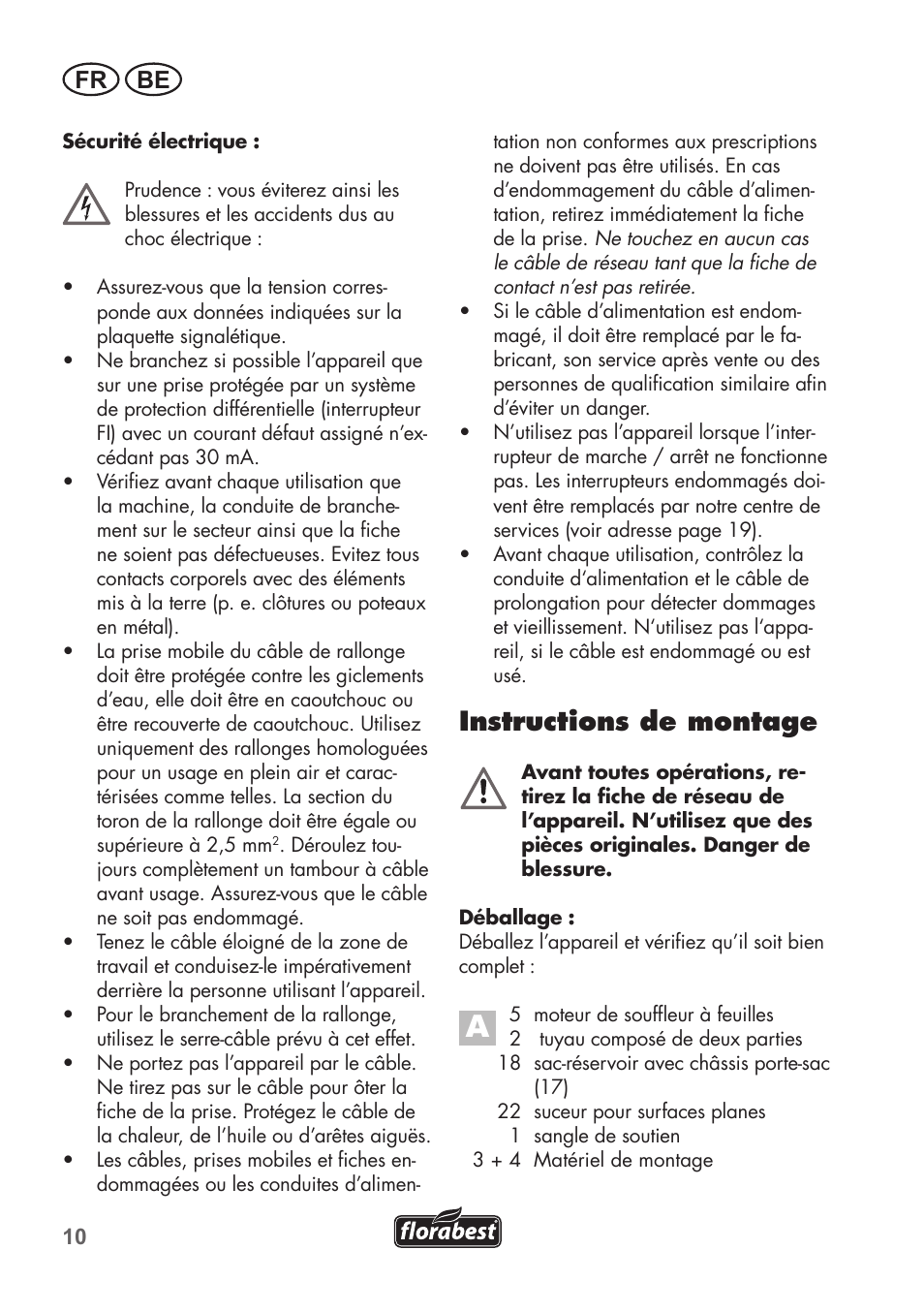 Instructions de montage, Fr be | Florabest FLB 2500 A2 User Manual | Page 10 / 70