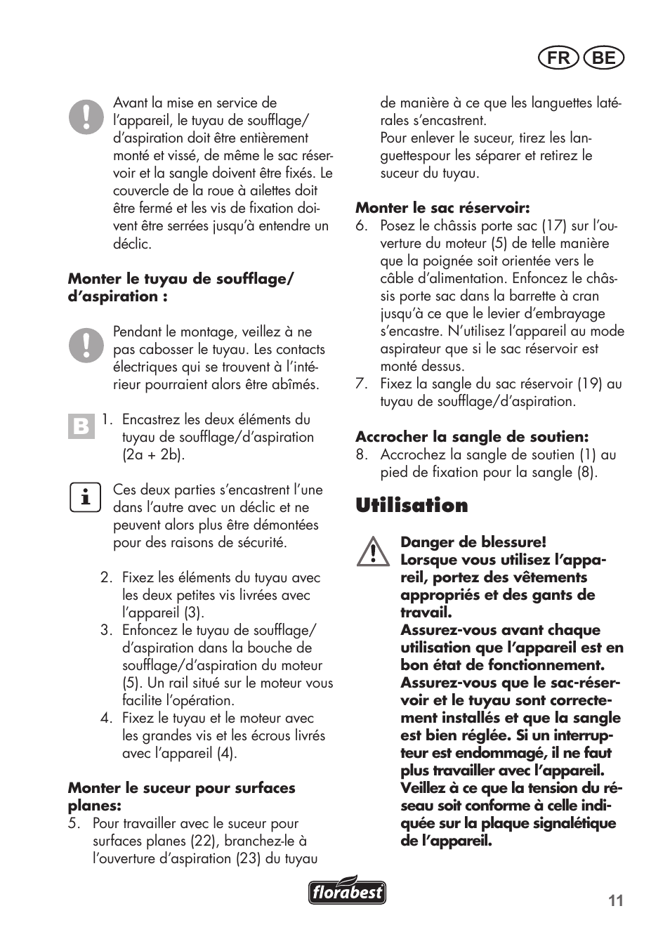 Utilisation, Fr be | Florabest FLB 2500 A2 User Manual | Page 11 / 70
