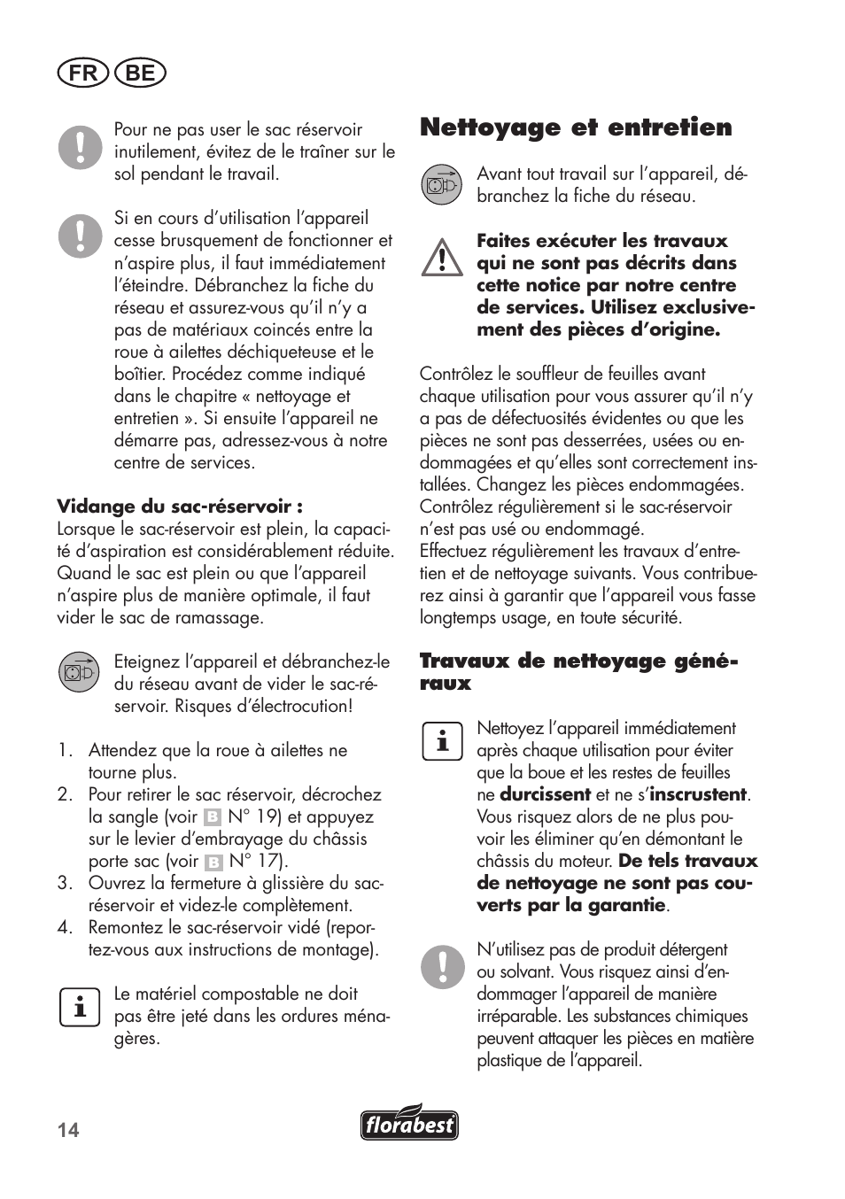 Nettoyage et entretien, Fr be | Florabest FLB 2500 A2 User Manual | Page 14 / 70