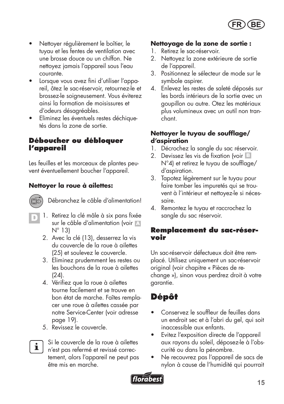 Dépôt, Fr be | Florabest FLB 2500 A2 User Manual | Page 15 / 70