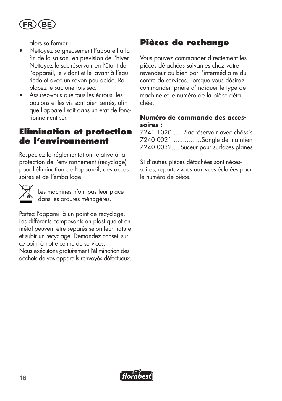 Elimination et protection de l’environnement, Pièces de rechange, Fr be | Florabest FLB 2500 A2 User Manual | Page 16 / 70