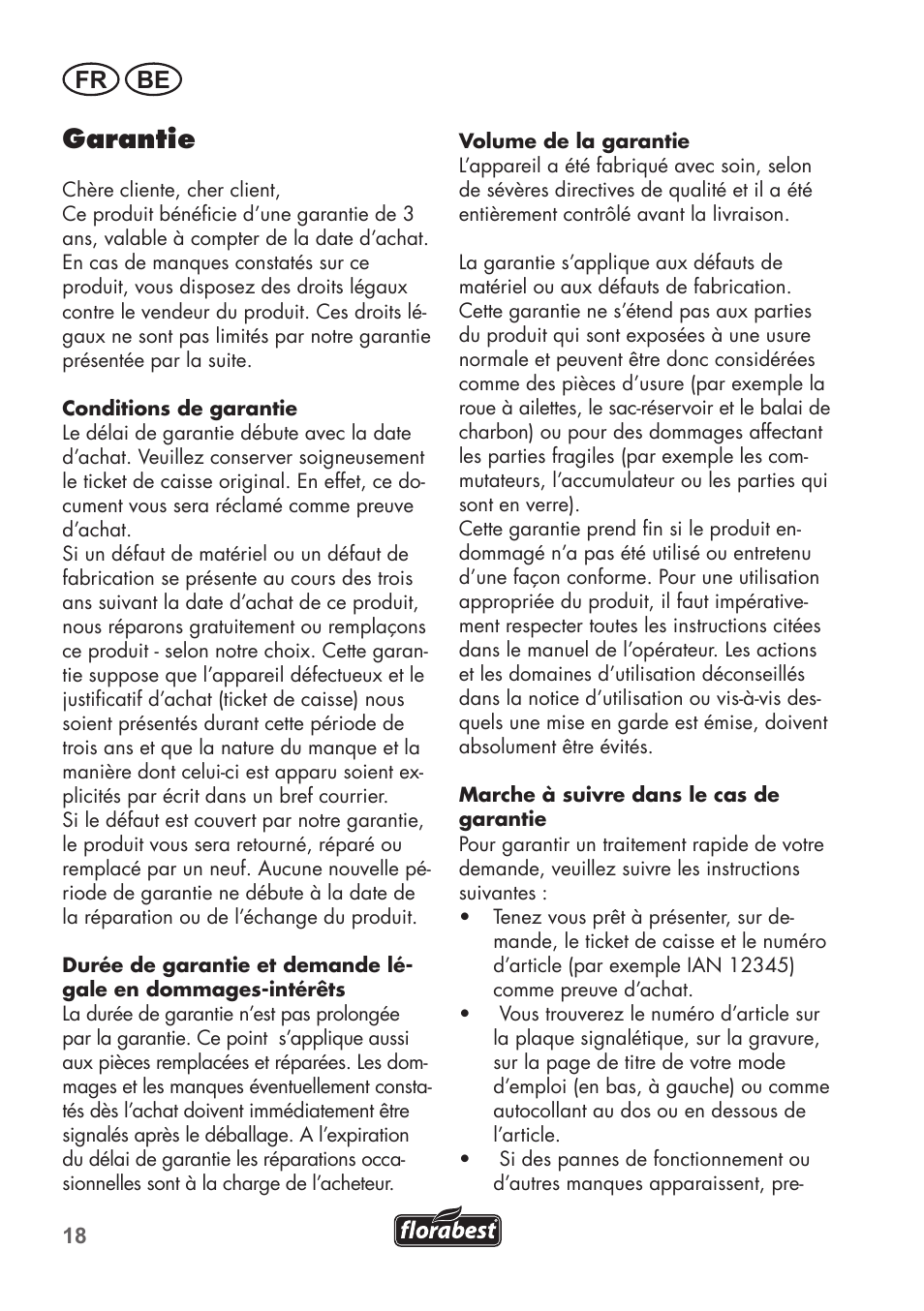 Garantie, Fr be | Florabest FLB 2500 A2 User Manual | Page 18 / 70