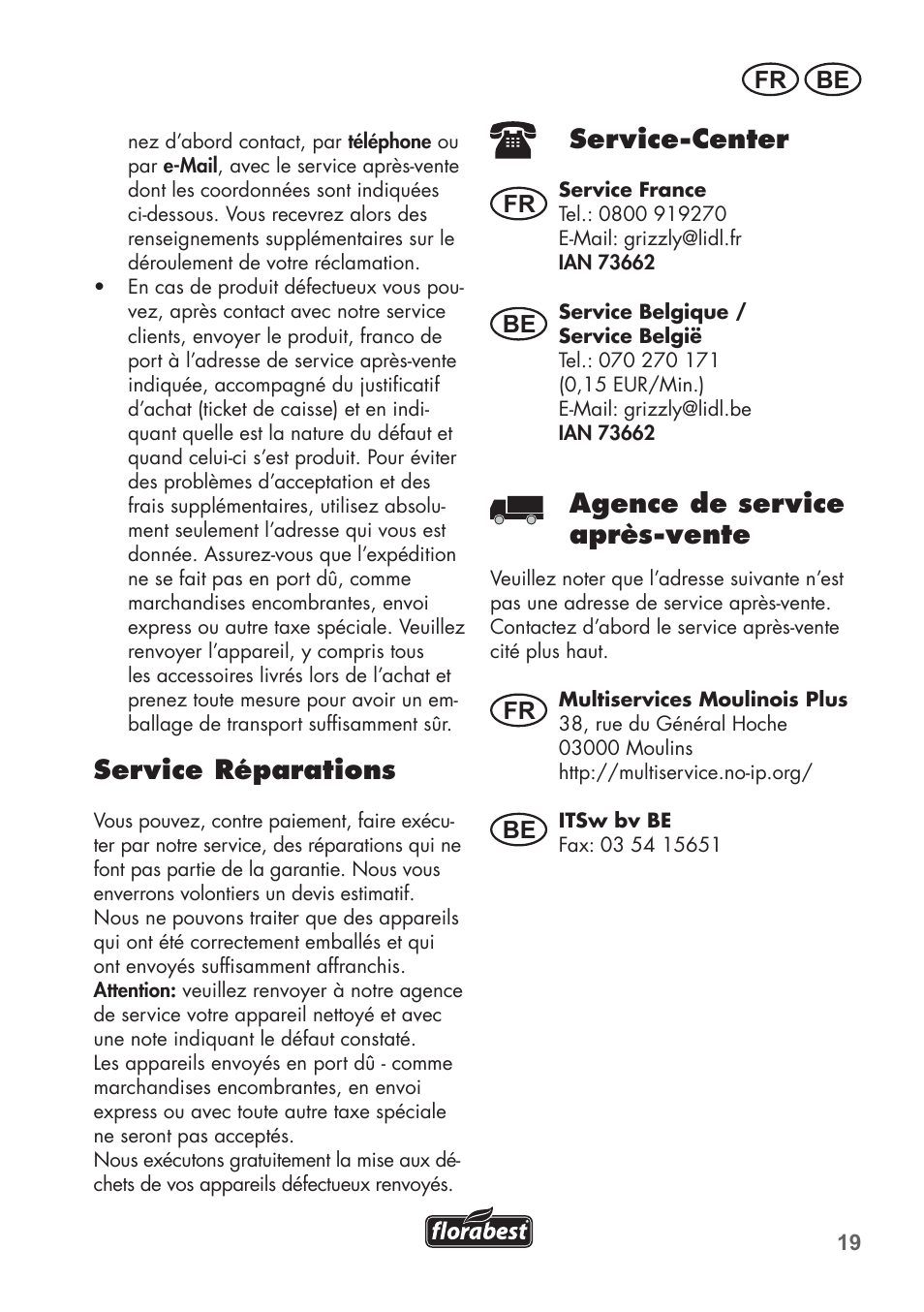 Service réparations, Service-center, Agence de service après-vente | Fr be, Fr be be | Florabest FLB 2500 A2 User Manual | Page 19 / 70