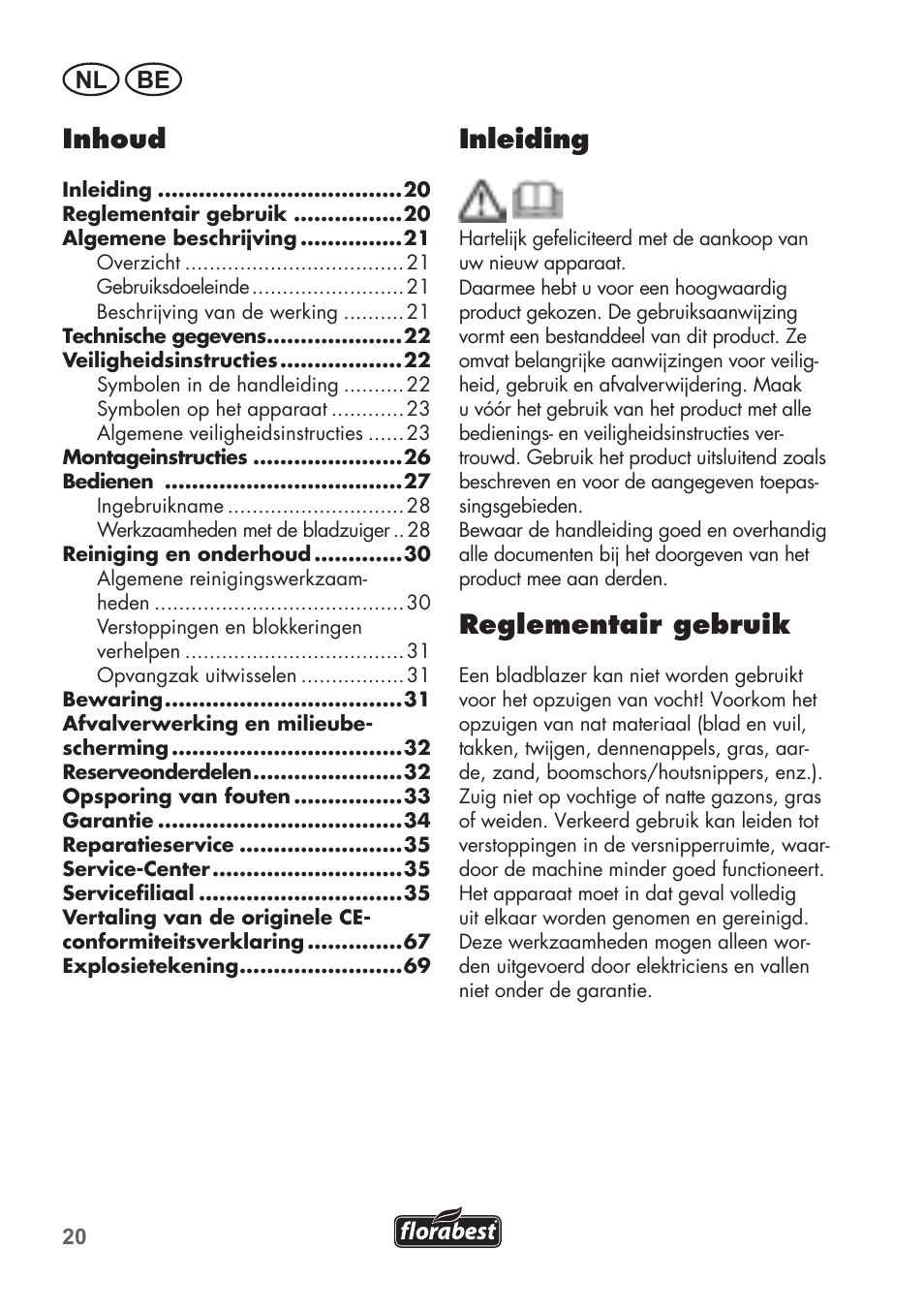 Inleiding, Reglementair gebruik, Inhoud | Nl be | Florabest FLB 2500 A2 User Manual | Page 20 / 70