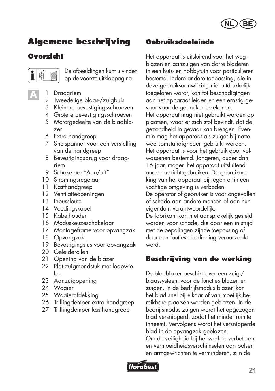 Algemene beschrijving, Be nl | Florabest FLB 2500 A2 User Manual | Page 21 / 70