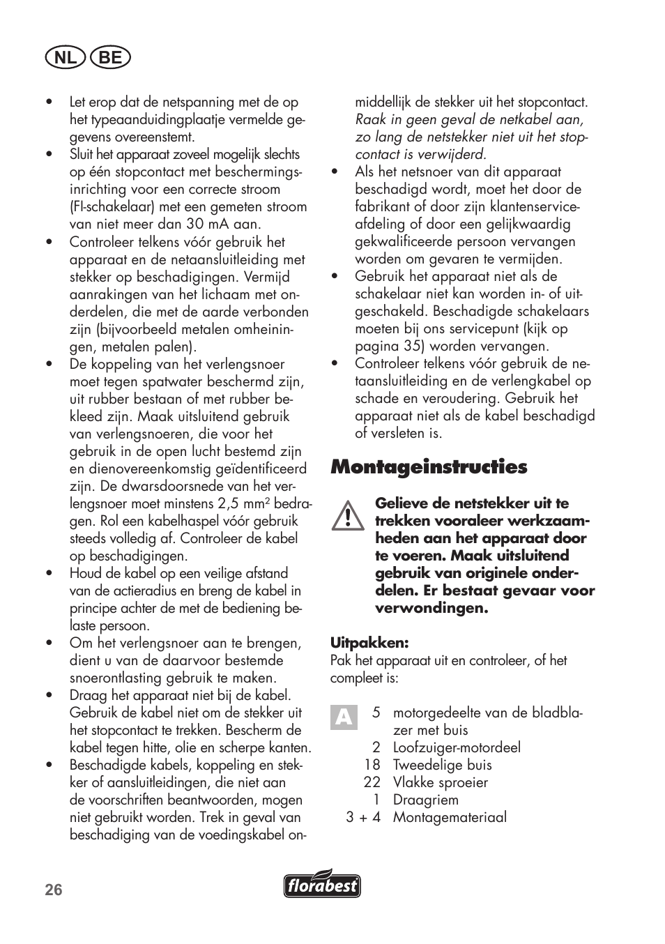 Montageinstructies, Nl be | Florabest FLB 2500 A2 User Manual | Page 26 / 70