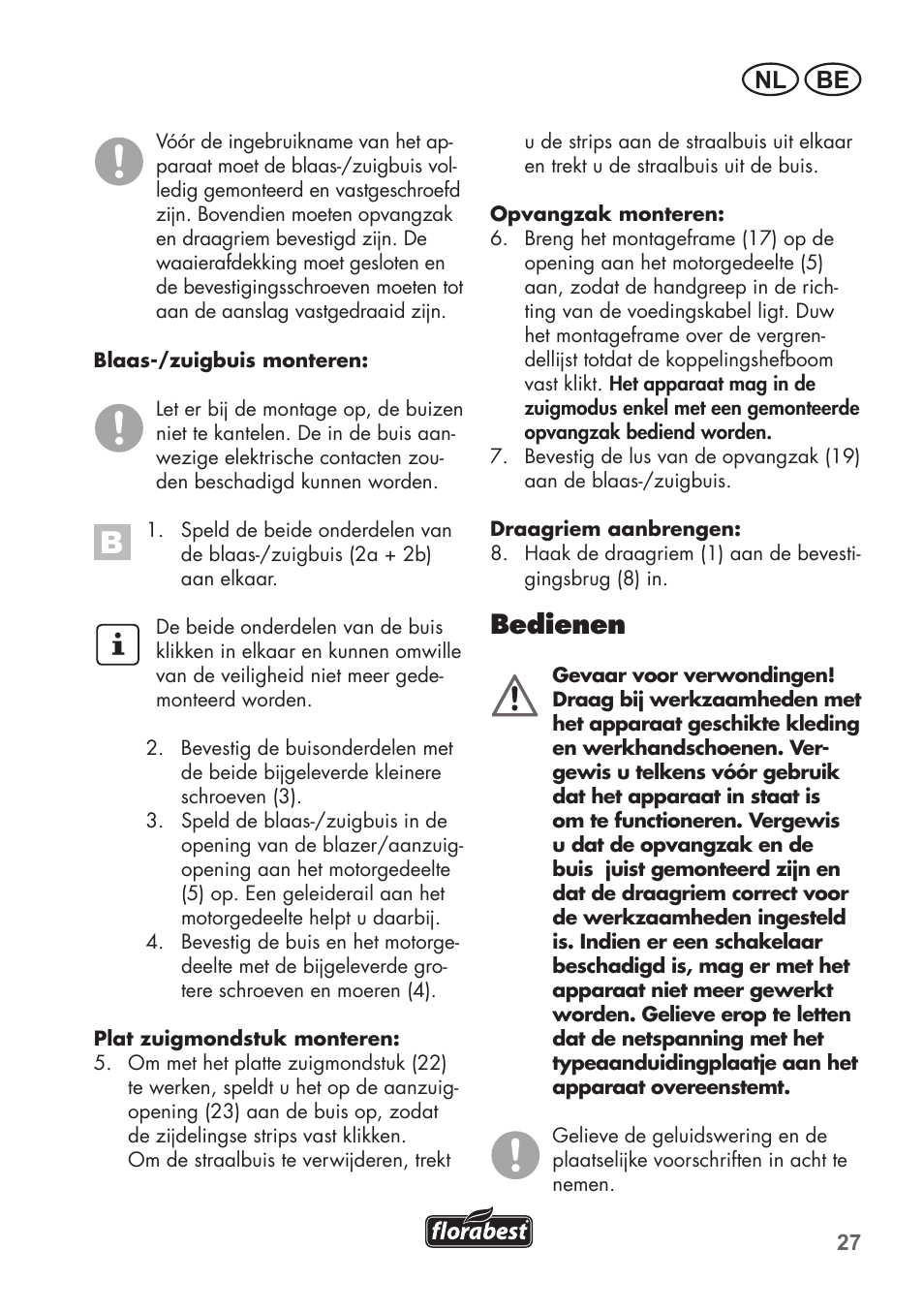 Bedienen, Be nl | Florabest FLB 2500 A2 User Manual | Page 27 / 70