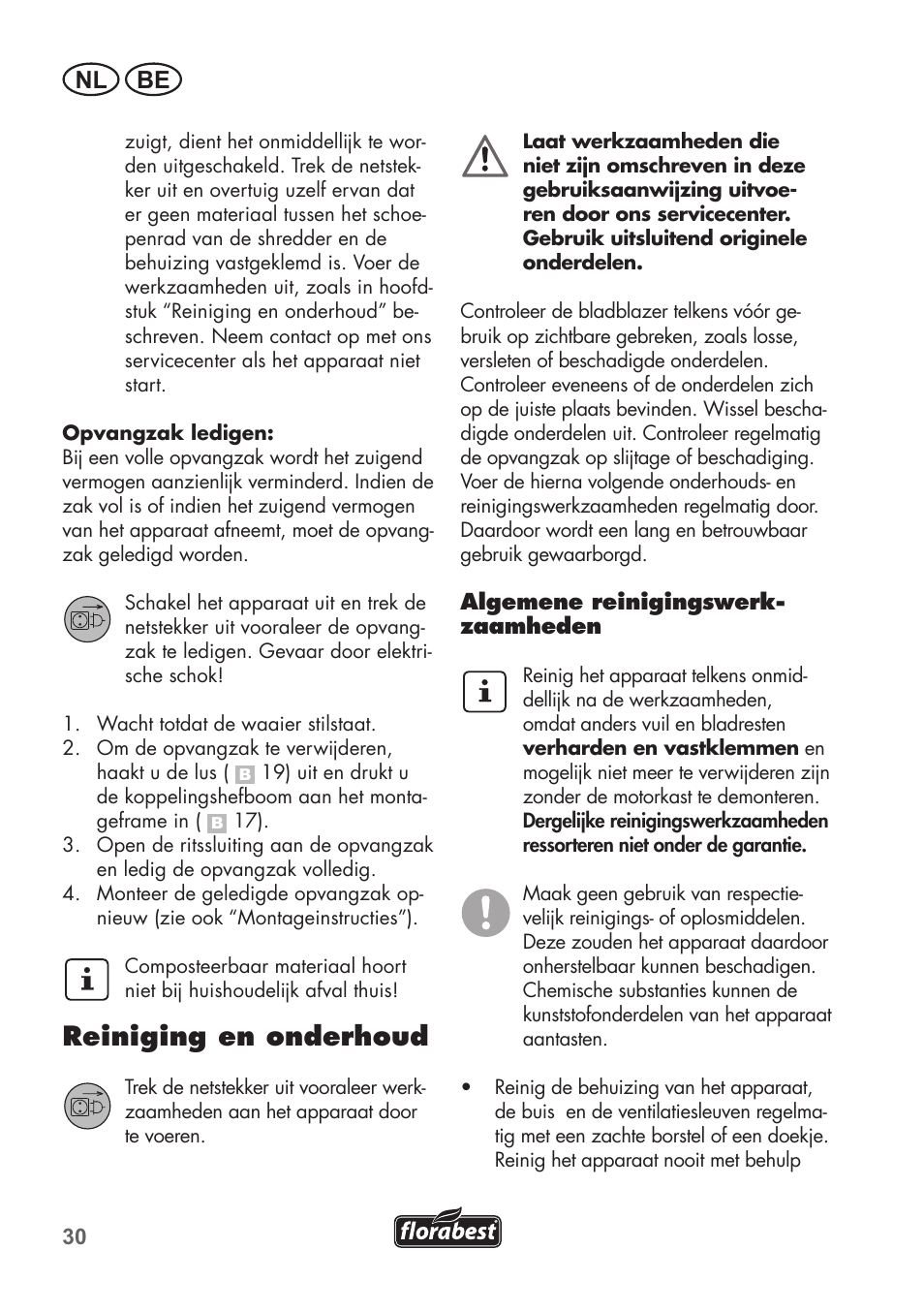 Reiniging en onderhoud, Nl be | Florabest FLB 2500 A2 User Manual | Page 30 / 70