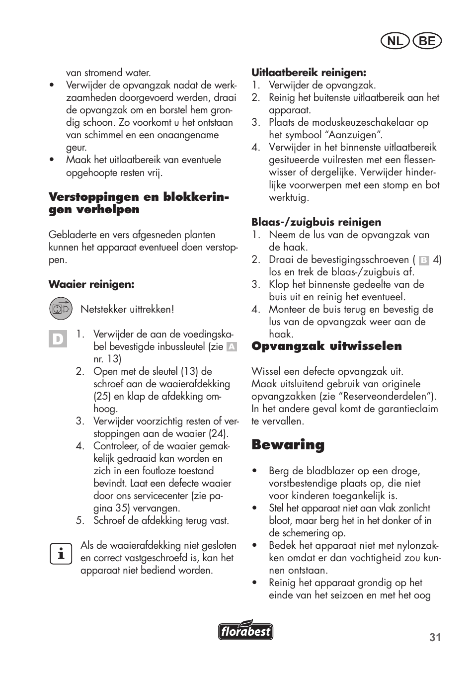 Bewaring, Be nl | Florabest FLB 2500 A2 User Manual | Page 31 / 70