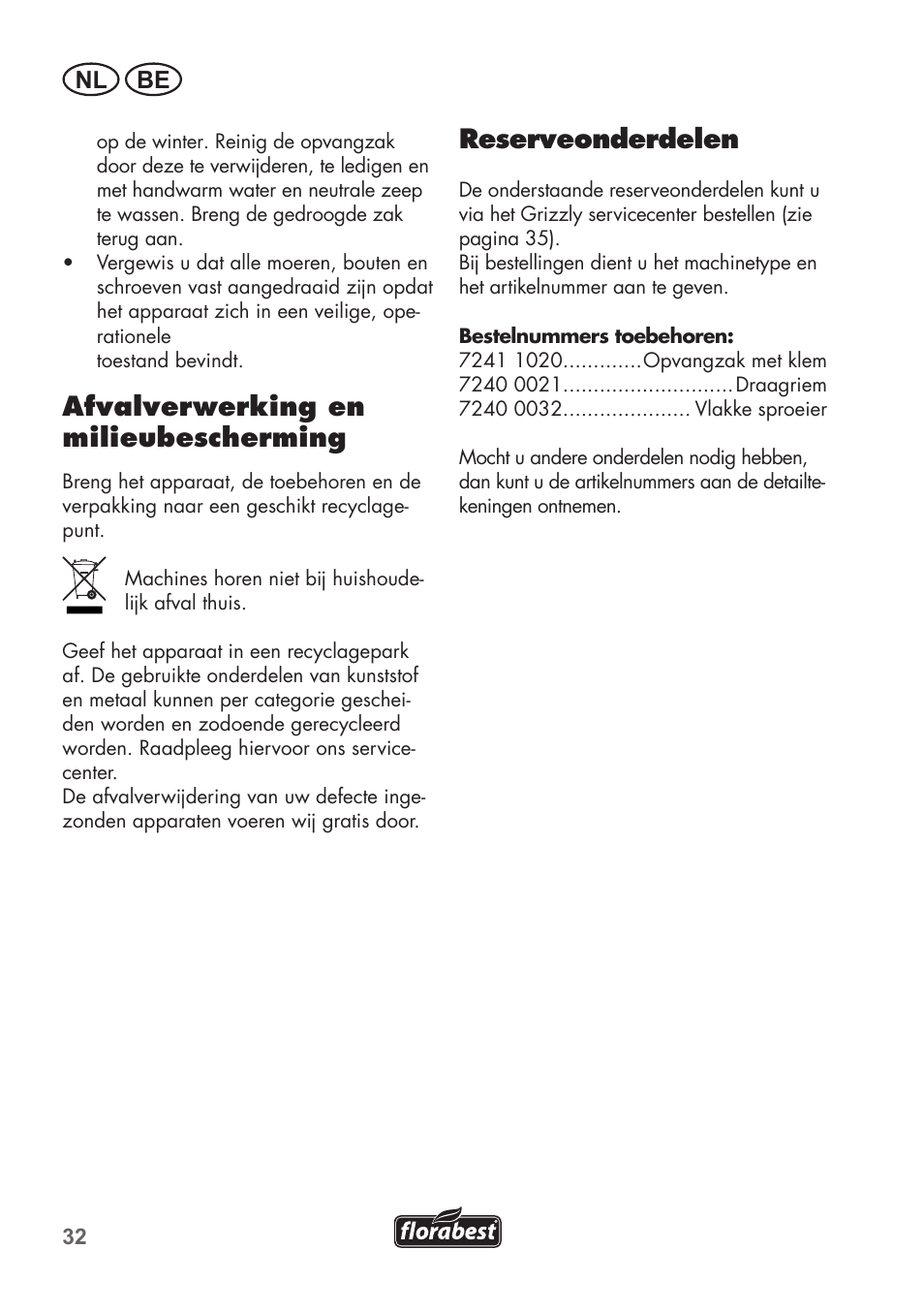 Afvalverwerking en milieubescherming, Reserveonderdelen, Nl be | Florabest FLB 2500 A2 User Manual | Page 32 / 70