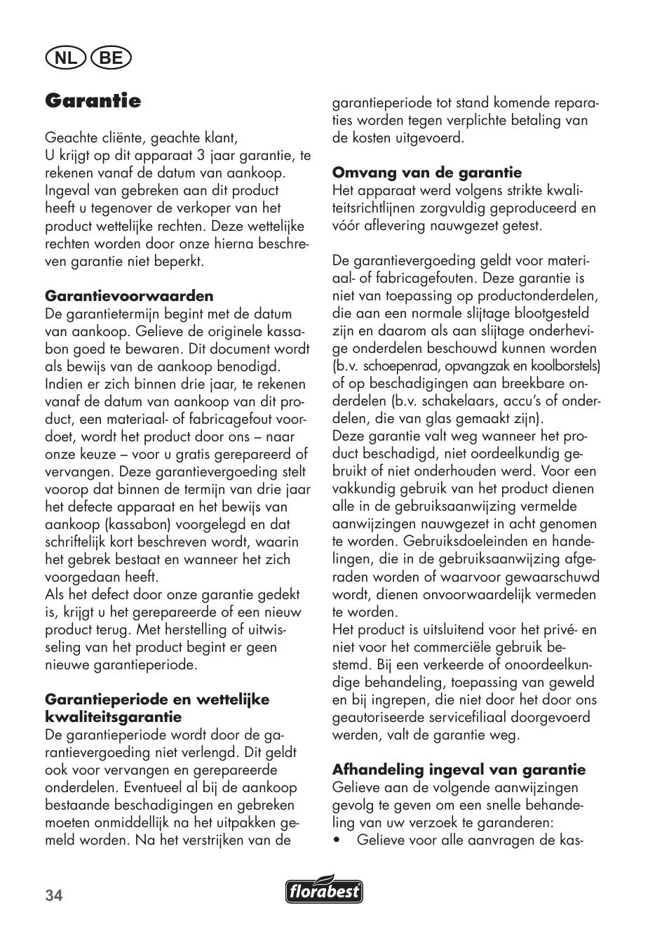 Garantie, Nl be | Florabest FLB 2500 A2 User Manual | Page 34 / 70