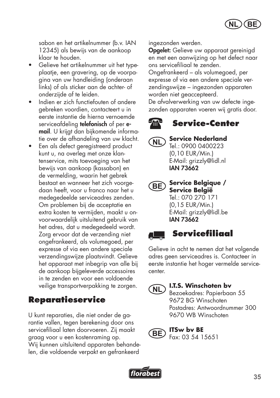 Reparatieservice, Service-center, Servicefiliaal | Be nl, Nl be nl be | Florabest FLB 2500 A2 User Manual | Page 35 / 70