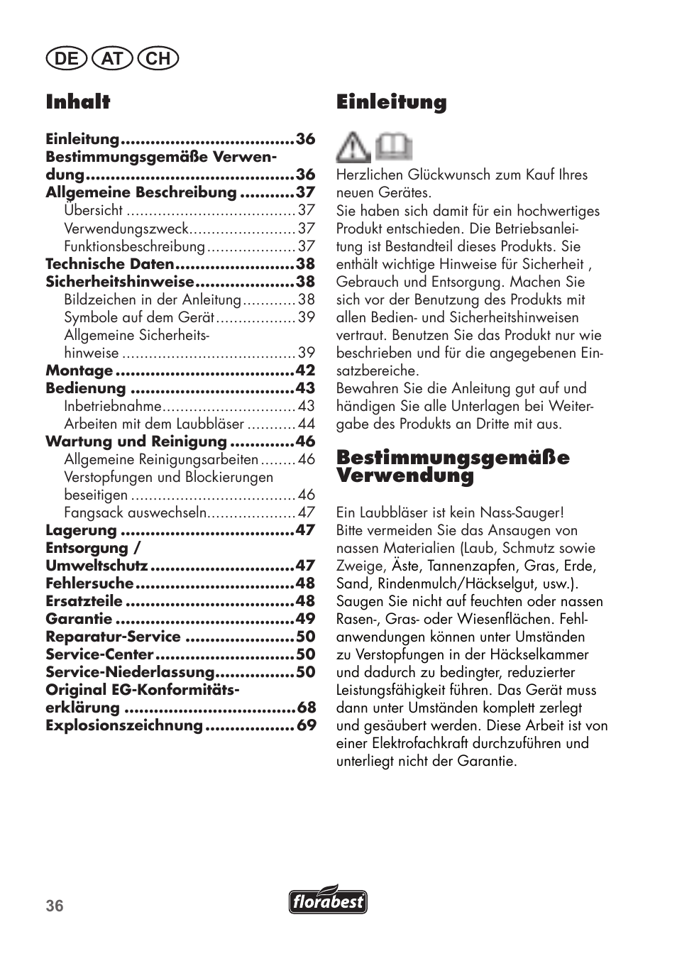 Einleitung, Bestimmungsgemäße verwendung, Inhalt | De at ch | Florabest FLB 2500 A2 User Manual | Page 36 / 70