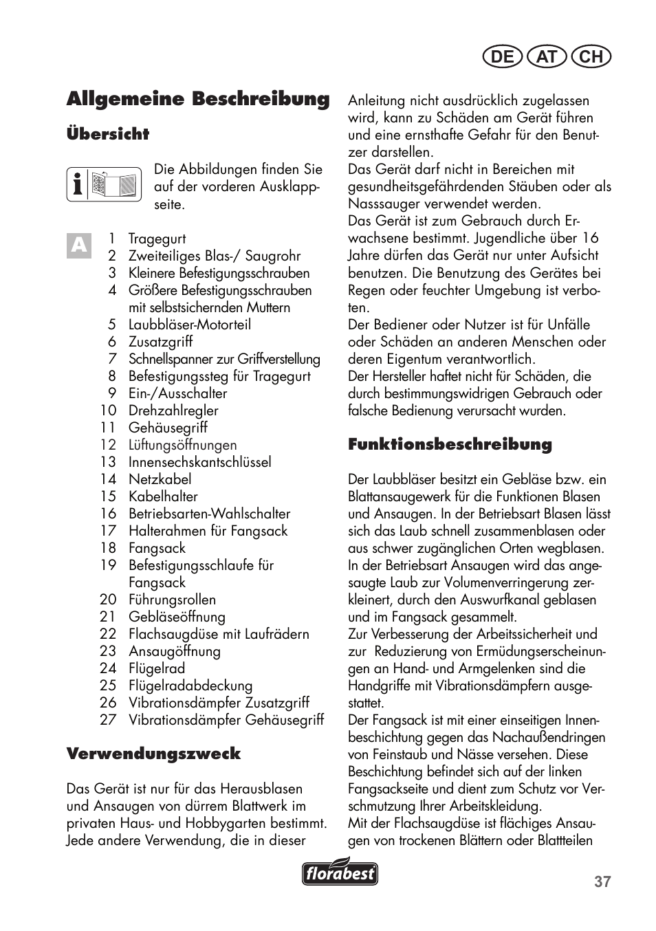 Allgemeine beschreibung, De at ch | Florabest FLB 2500 A2 User Manual | Page 37 / 70