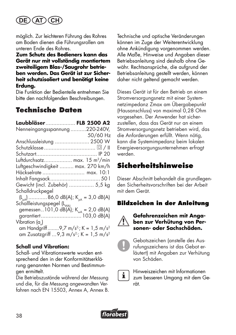 Technische daten, Sicherheitshinweise, De at ch | Florabest FLB 2500 A2 User Manual | Page 38 / 70