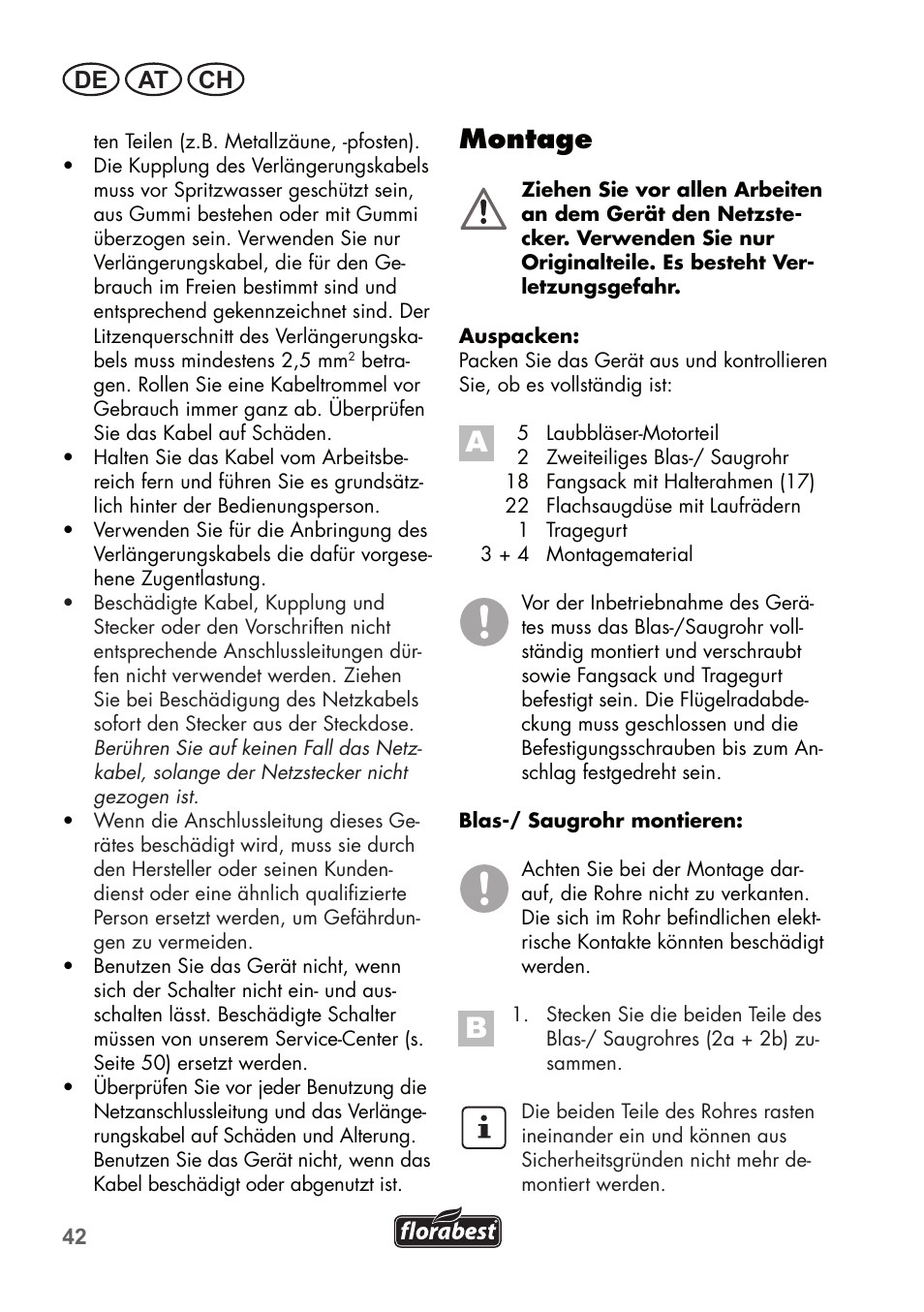 Montage, De at ch | Florabest FLB 2500 A2 User Manual | Page 42 / 70