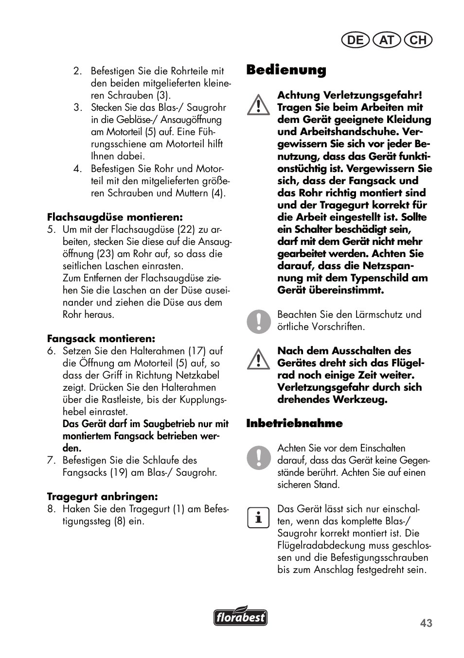 Bedienung, De at ch | Florabest FLB 2500 A2 User Manual | Page 43 / 70