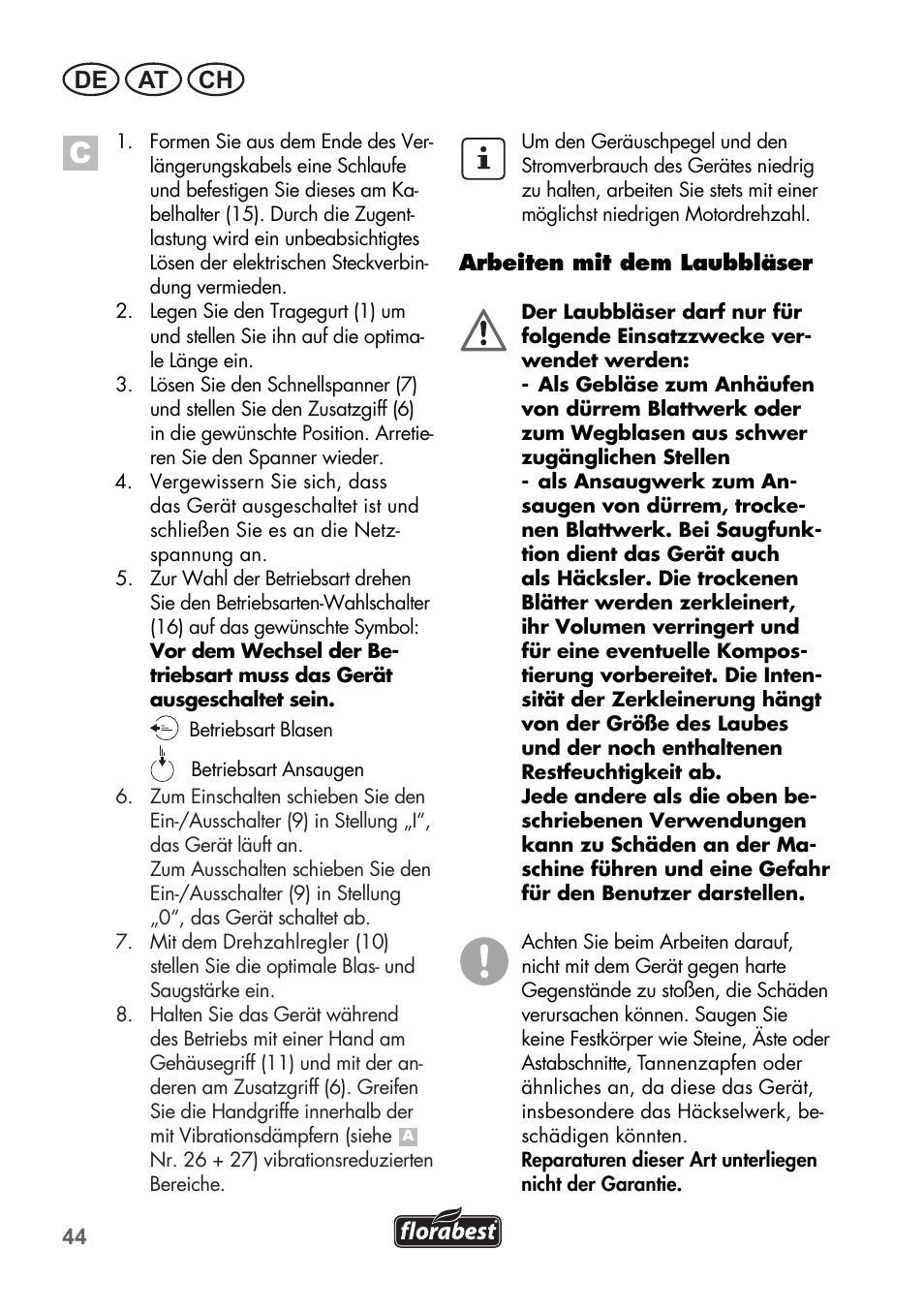 De at ch | Florabest FLB 2500 A2 User Manual | Page 44 / 70
