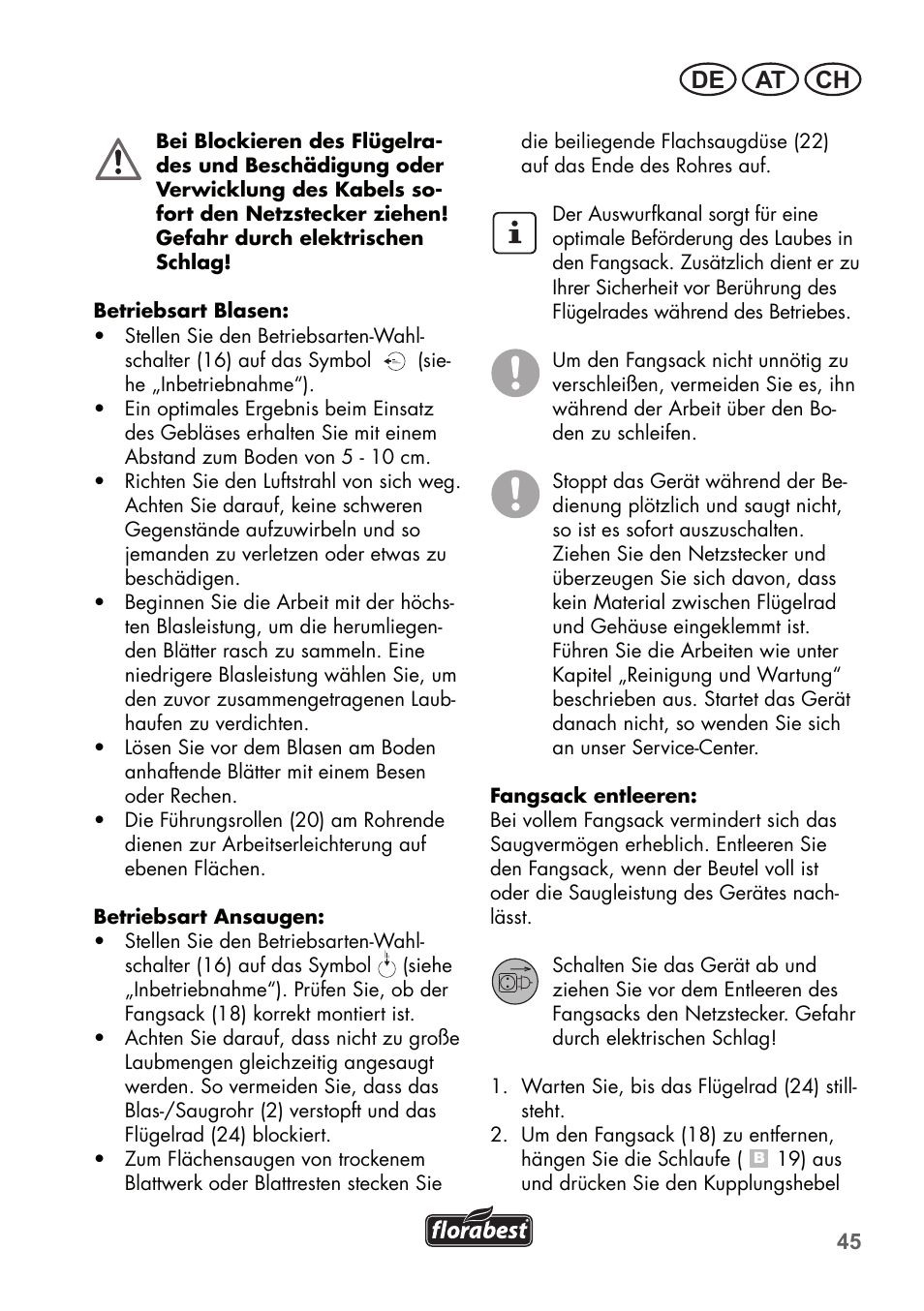 De at ch | Florabest FLB 2500 A2 User Manual | Page 45 / 70