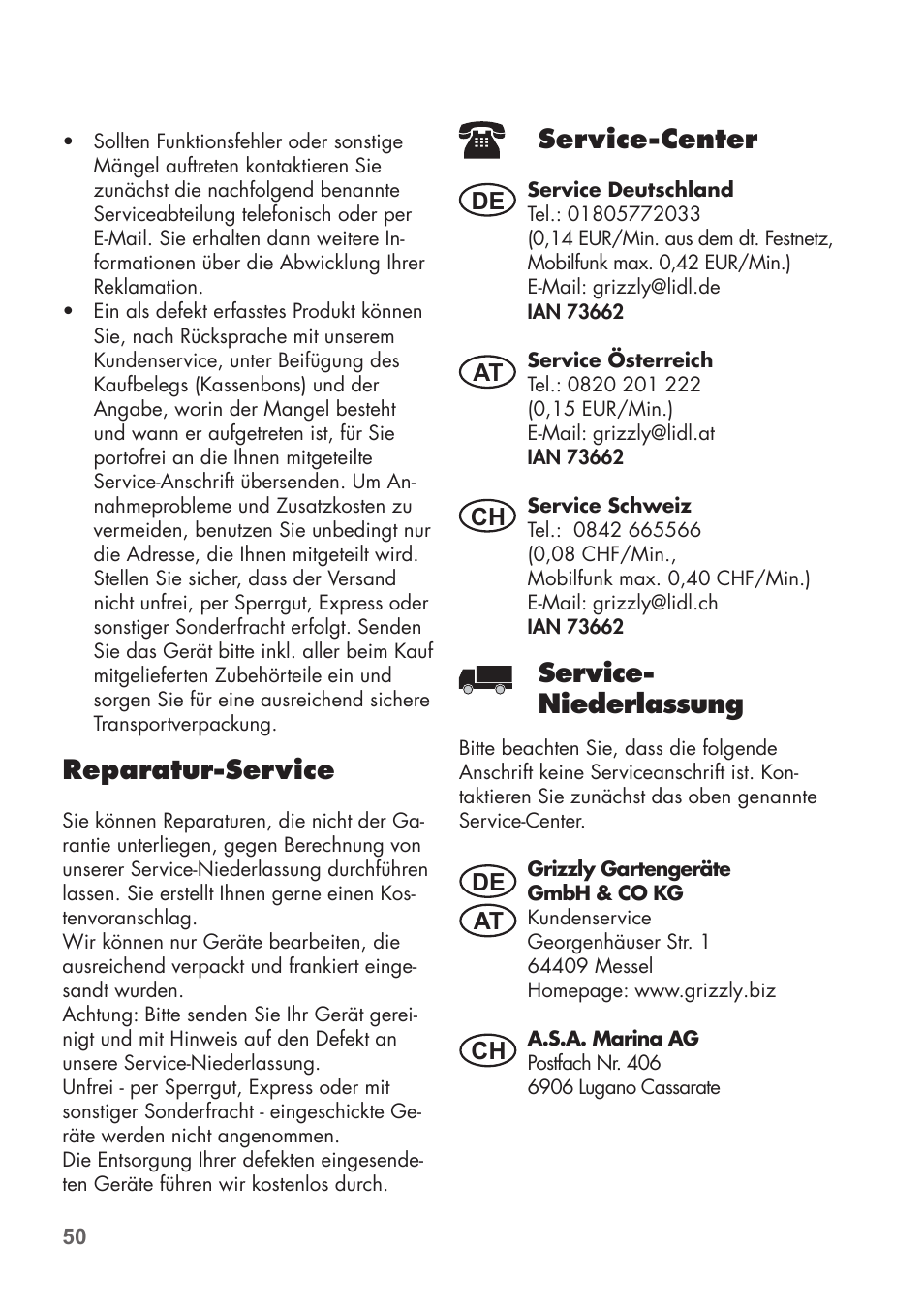 Reparatur-service, Service-center, Service- niederlassung | De at at ch ch | Florabest FLB 2500 A2 User Manual | Page 50 / 70