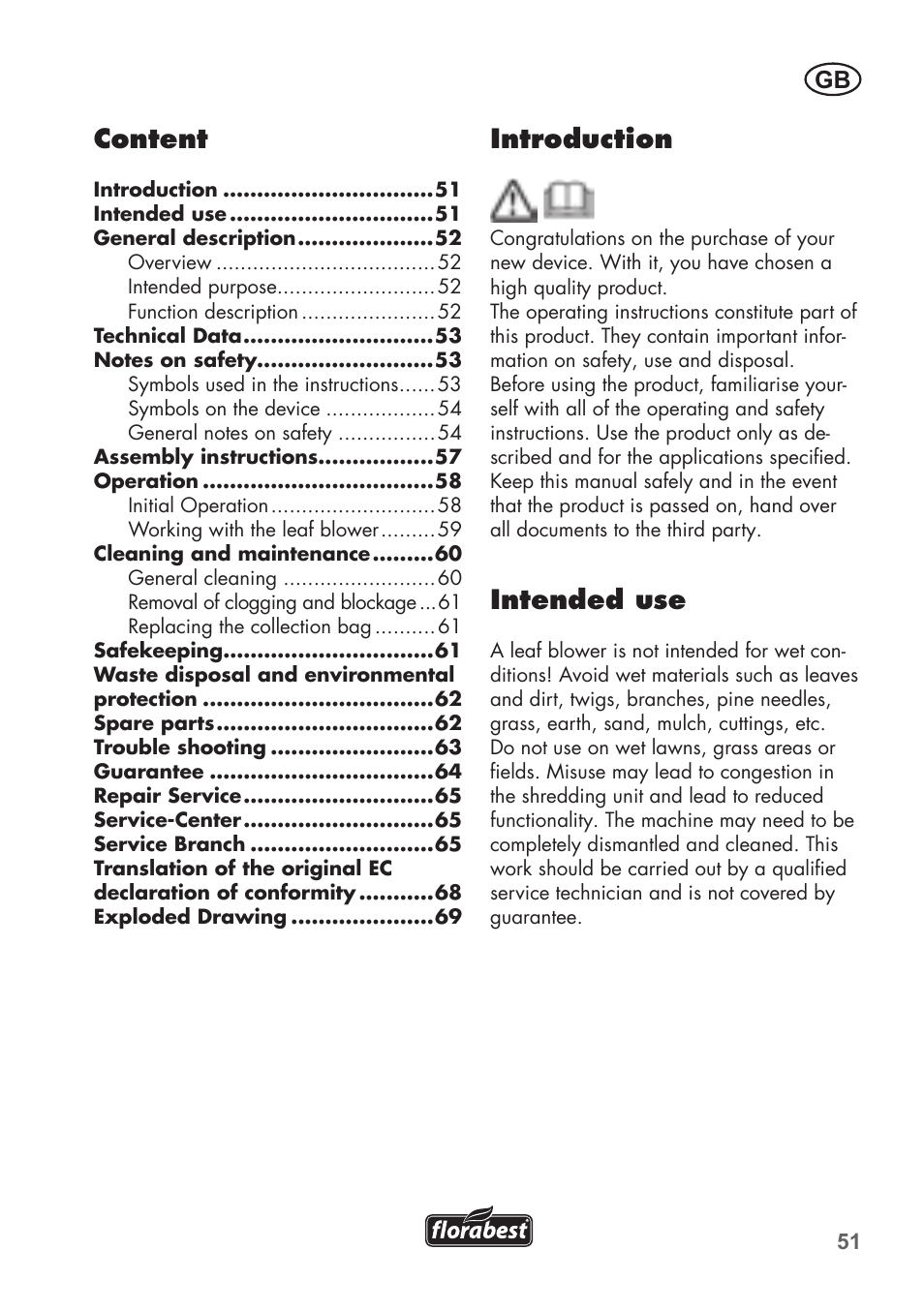 Introduction, Intended use, Content | Florabest FLB 2500 A2 User Manual | Page 51 / 70
