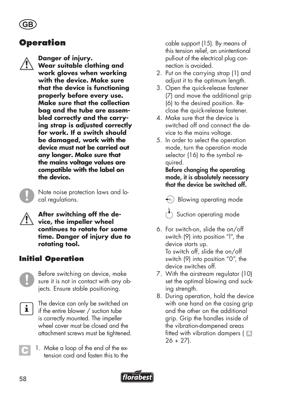 Operation | Florabest FLB 2500 A2 User Manual | Page 58 / 70