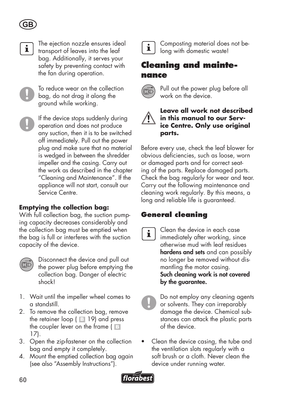 Cleaning and mainte- nance | Florabest FLB 2500 A2 User Manual | Page 60 / 70
