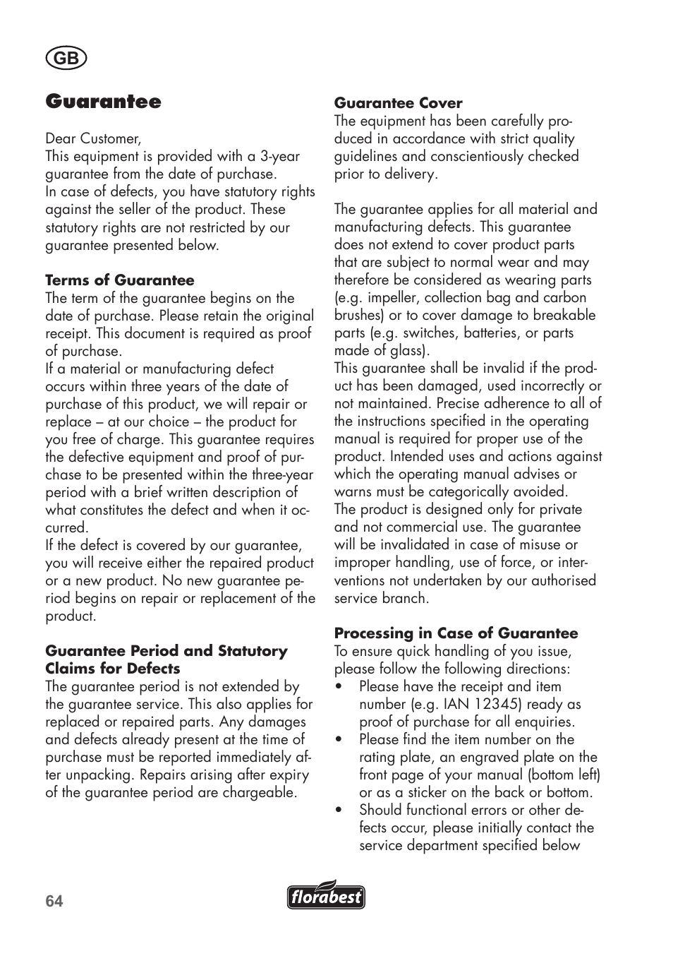 Guarantee | Florabest FLB 2500 A2 User Manual | Page 64 / 70