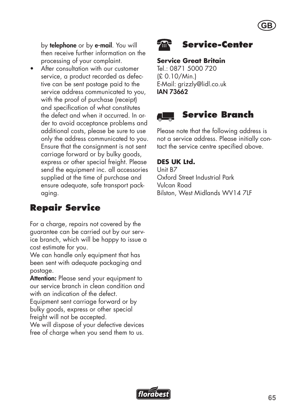 Repair service, Service-center, Service branch | Florabest FLB 2500 A2 User Manual | Page 65 / 70