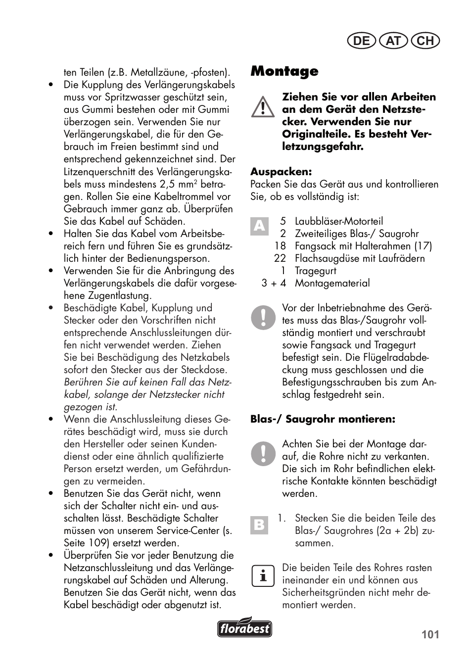 Montage, De at ch | Florabest FLB 2500 A2 User Manual | Page 101 / 114
