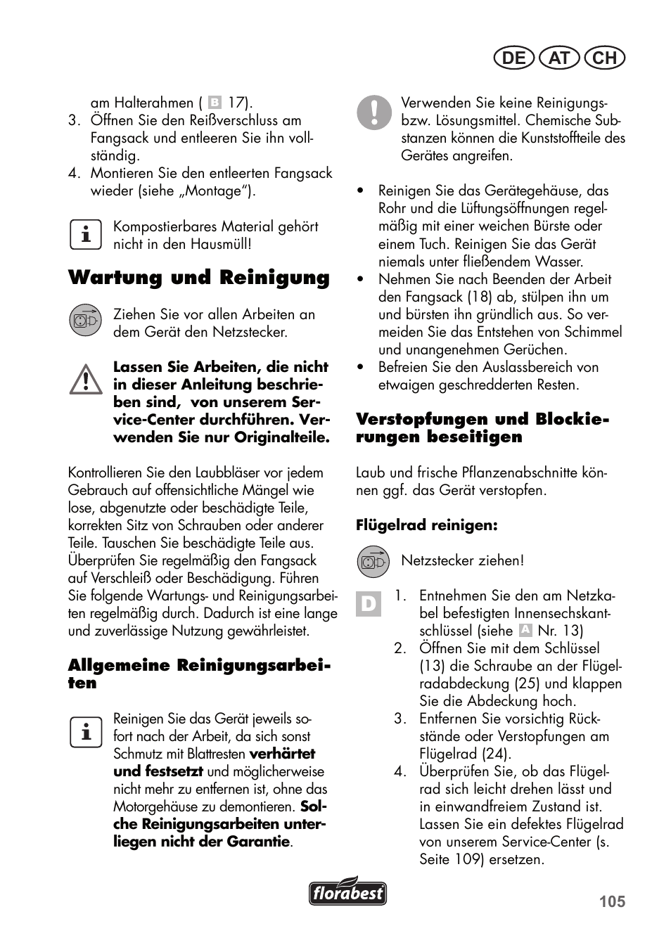 Wartung und reinigung, De at ch | Florabest FLB 2500 A2 User Manual | Page 105 / 114