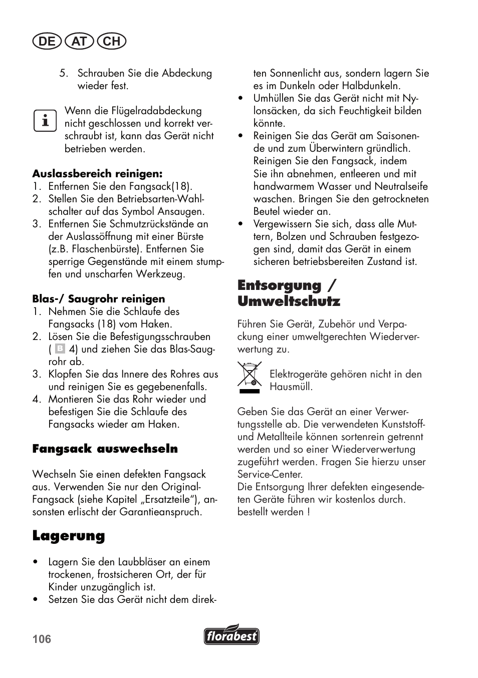 Lagerung, Entsorgung / umweltschutz, De at ch | Florabest FLB 2500 A2 User Manual | Page 106 / 114