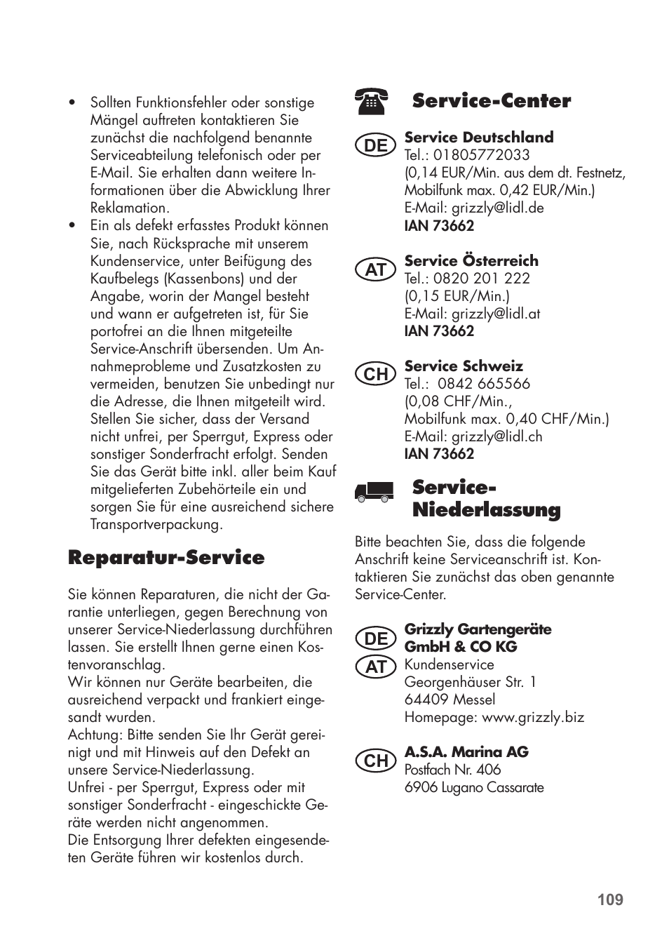 Reparatur-service, Service-center, Service- niederlassung | De at at ch ch | Florabest FLB 2500 A2 User Manual | Page 109 / 114