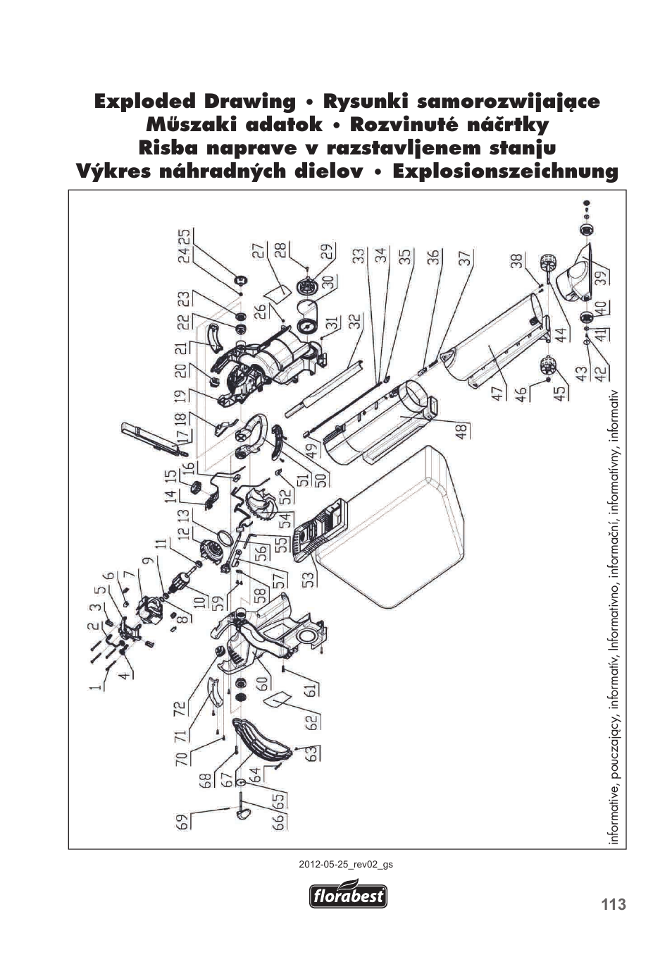 Exploded drawing, Rysunki samorozwijające műszaki adatok, Výkres náhradných dielov | Explosionszeichnung | Florabest FLB 2500 A2 User Manual | Page 113 / 114