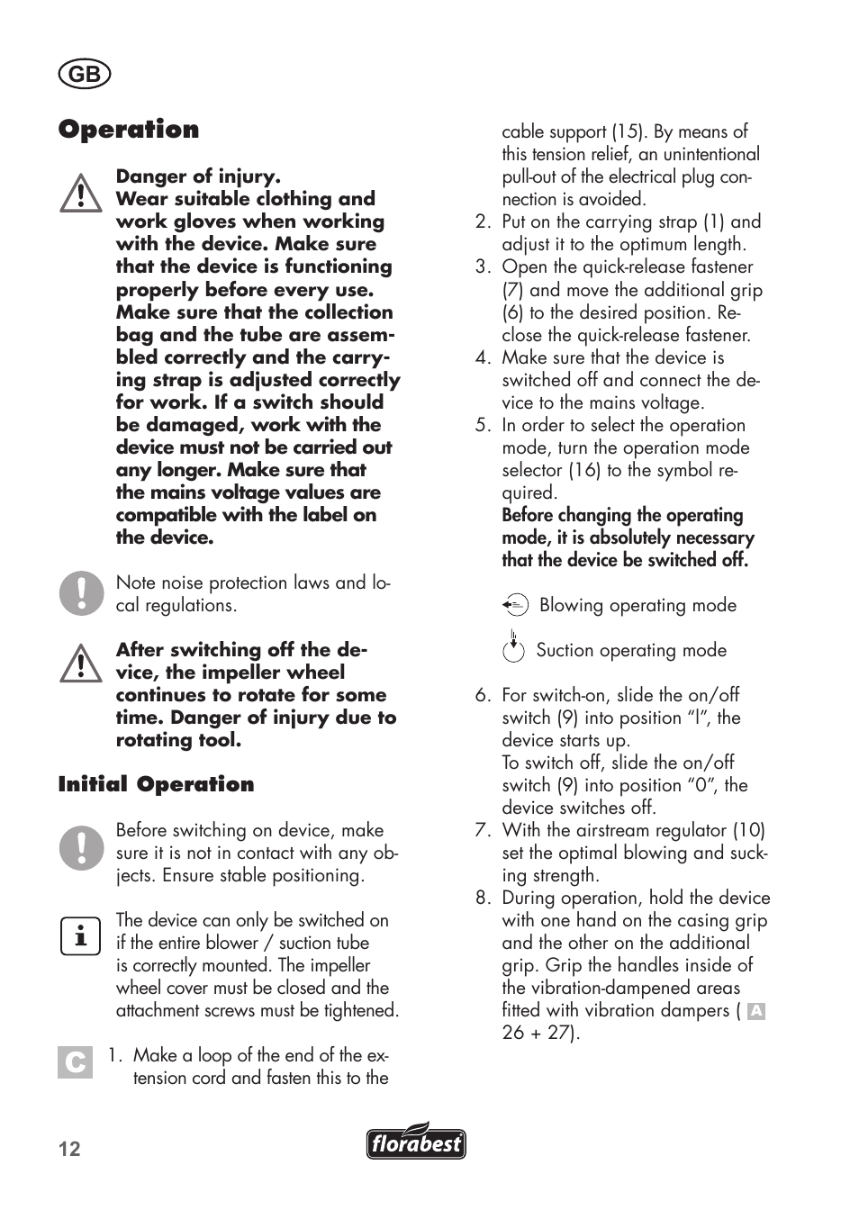 Operation | Florabest FLB 2500 A2 User Manual | Page 12 / 114